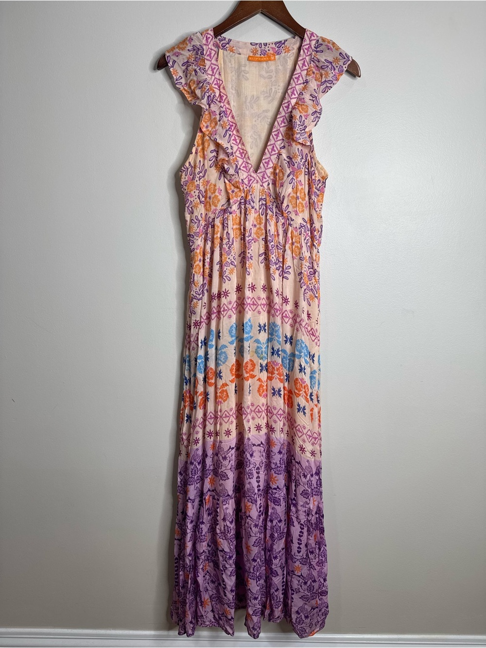 Oliphant Sleeveless Ruffle Tiered Boho Floral Bird Printed Maxi Dress Medium